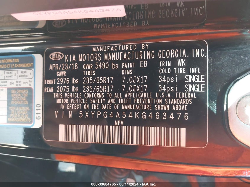 2019 Kia Sorento 3.3L Lx VIN: 5XYPG4A54KG463476 Lot: 39604765