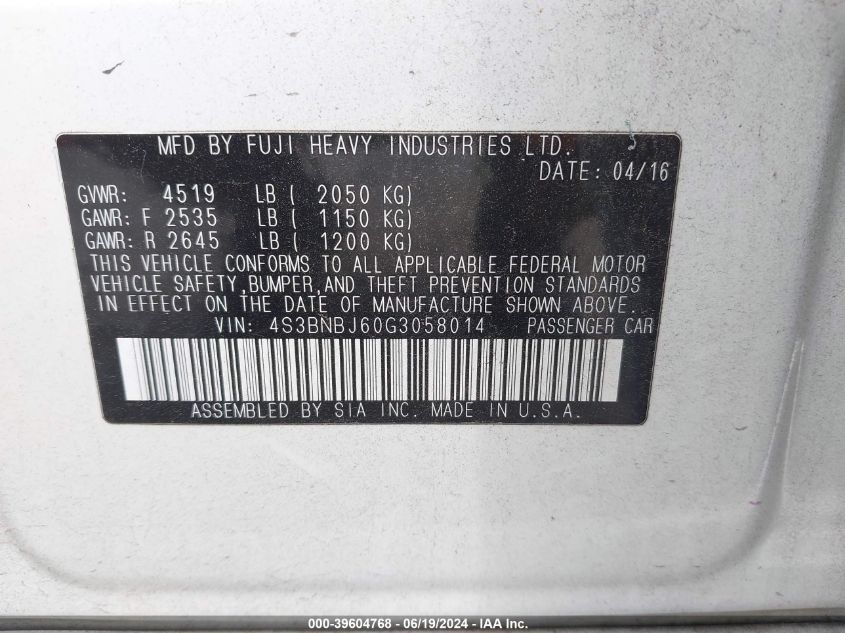 2016 Subaru Legacy 2.5I Limited VIN: 4S3BNBJ60G3058014 Lot: 39604768