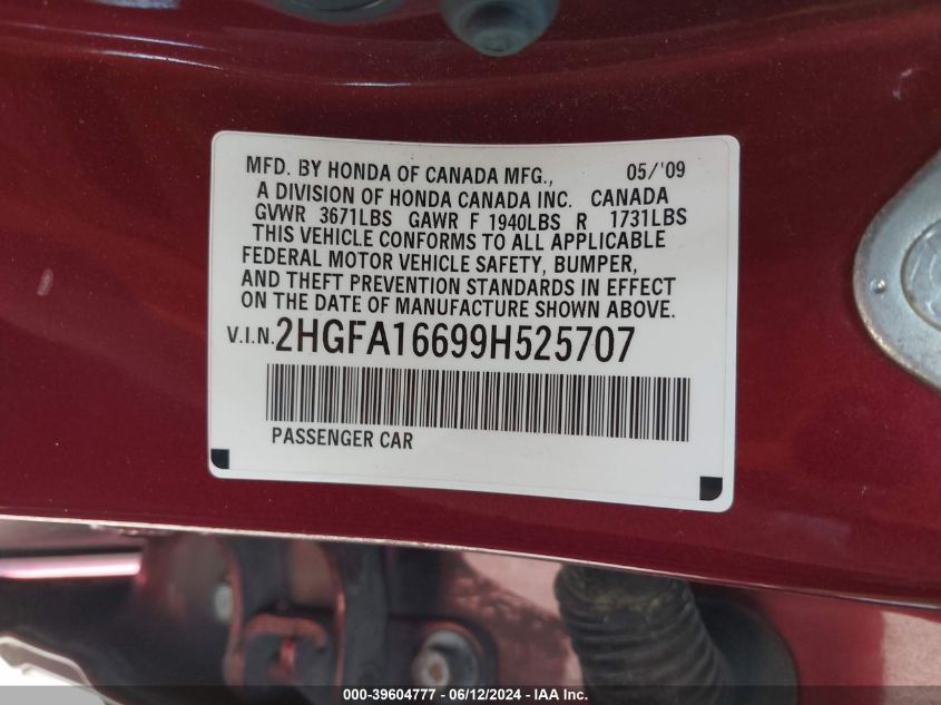 2009 Honda Civic Lx-S VIN: 2HGFA16699H525707 Lot: 39604777