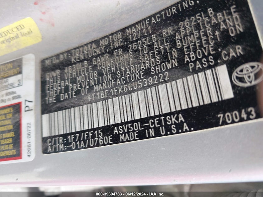 2012 Toyota Camry Se VIN: 4T1BF1FK6CU539222 Lot: 39604783