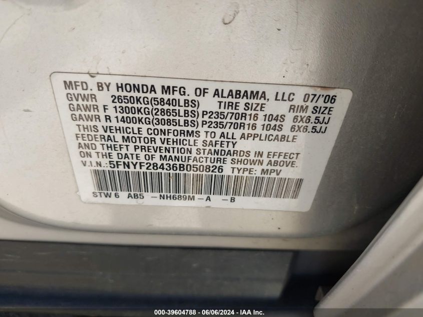 2006 Honda Pilot Ex VIN: 5FNYF28436B050826 Lot: 39604788