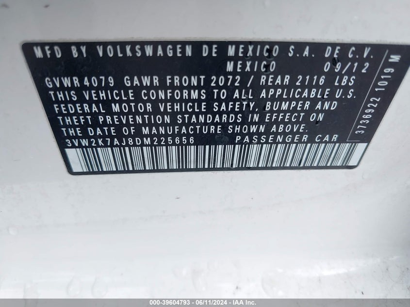 2013 Volkswagen Jetta 2.0L S VIN: 3VW2K7AJ8DM225656 Lot: 39604793