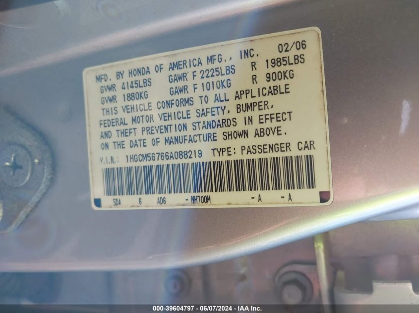 2006 Honda Accord 2.4 Ex VIN: 1HGCM56766A088219 Lot: 39604797