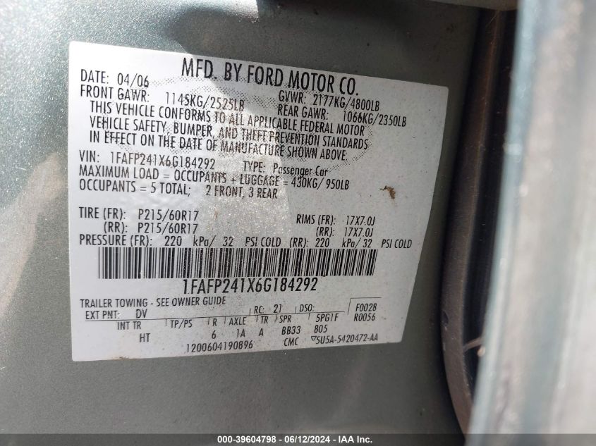 2006 Ford Five Hundred Sel VIN: 1FAFP241X6G184292 Lot: 39604798