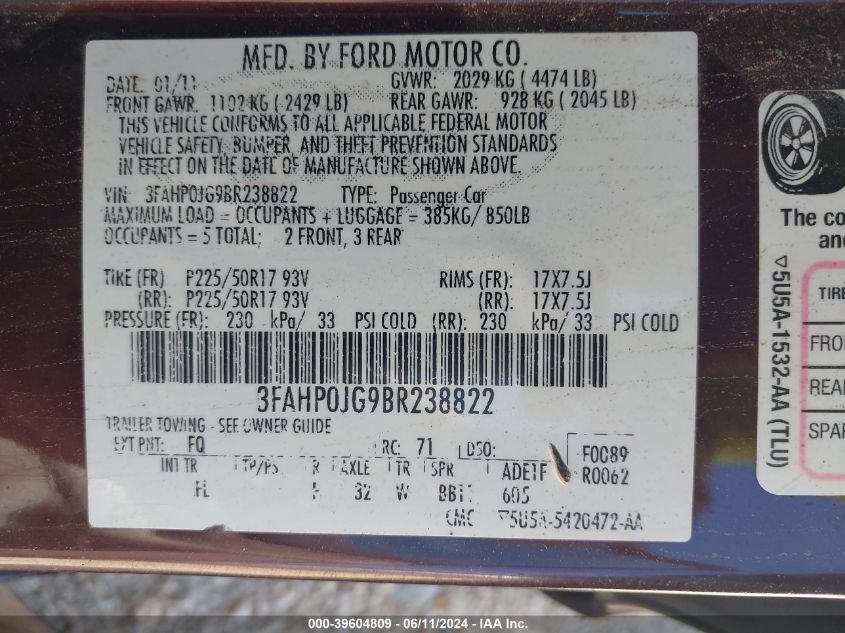 2011 Ford Fusion Sel VIN: 3FAHP0JG9BR238822 Lot: 39604809