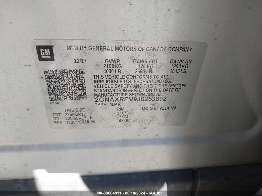 2018 Chevrolet Equinox Ls VIN: 2GNAXREV9J6253892 Lot: 39604811