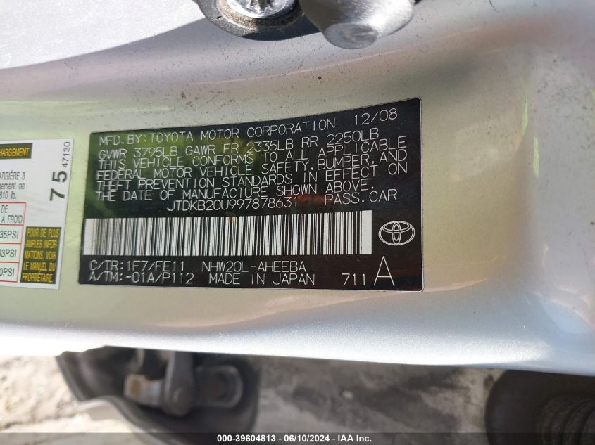 2009 Toyota Prius VIN: JTDKB20U997878631 Lot: 39604813