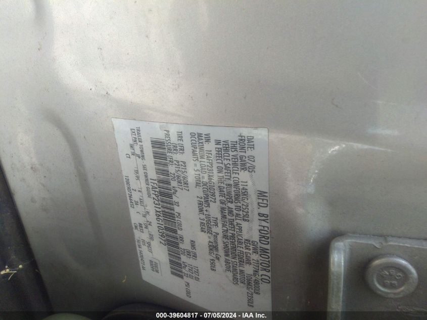 2006 Ford Five Hundred Se VIN: 1FAFP231X6G103972 Lot: 39604817