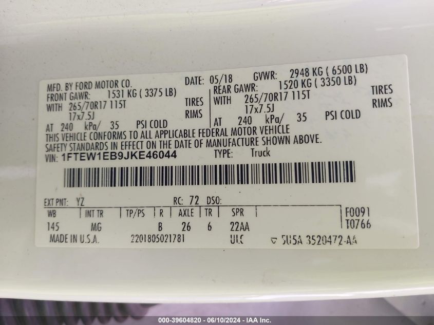 2018 Ford F-150 Xlt VIN: 1FTEW1EB9JKE46044 Lot: 39604820