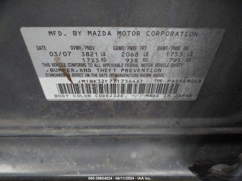 2007 Mazda Mazda3 I VIN: JM1BK32F771736461 Lot: 39604824