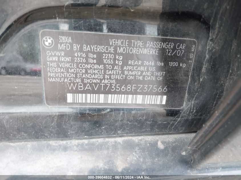 2008 BMW 328Xi VIN: WBAVT73568FZ37566 Lot: 39604832