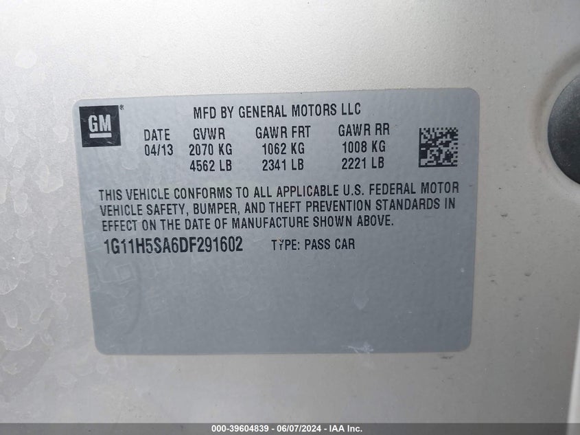 2013 Chevrolet Malibu 1Lz VIN: 1G11H5SA6DF291602 Lot: 39604839