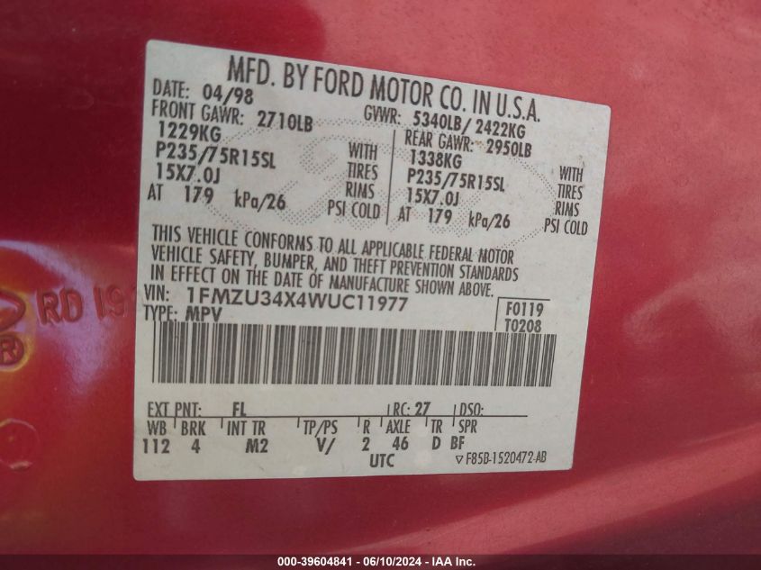 1998 Ford Explorer VIN: 1FMZU34X4WUC11977 Lot: 39604841