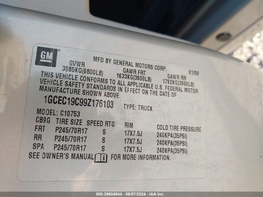 2009 Chevrolet Silverado 1500 Work Truck VIN: 1GCEC19C99Z176103 Lot: 39604844