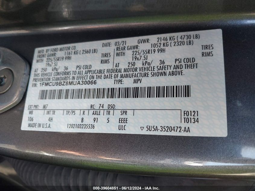 2021 Ford Escape Se Hybrid VIN: 1FMCU9BZ8MUA30066 Lot: 39604851