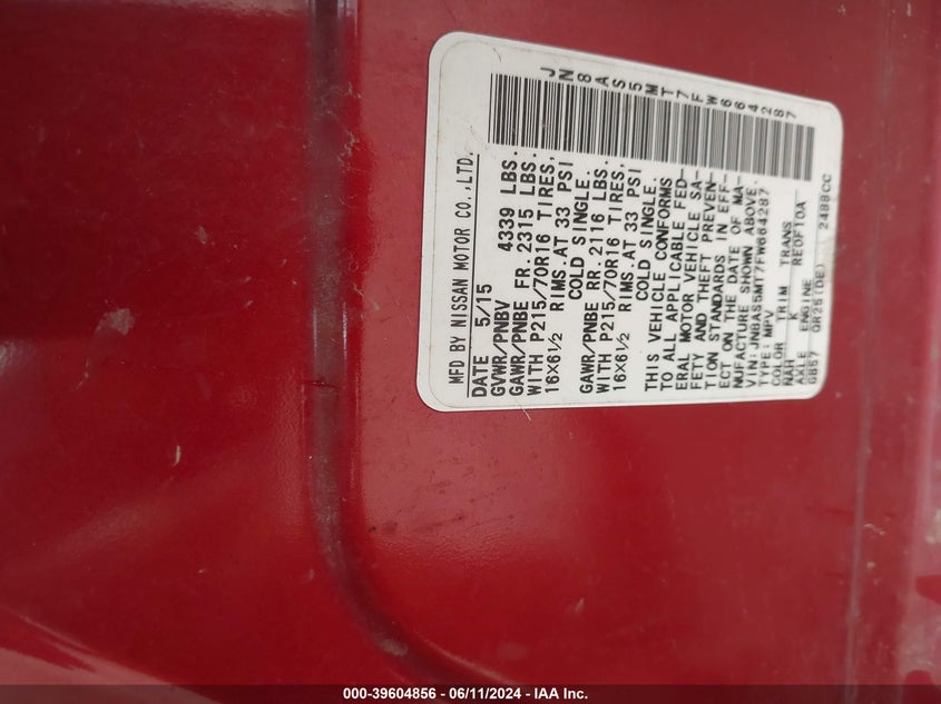 2015 Nissan Rogue Select S VIN: JN8AS5MT7FW664287 Lot: 39604856