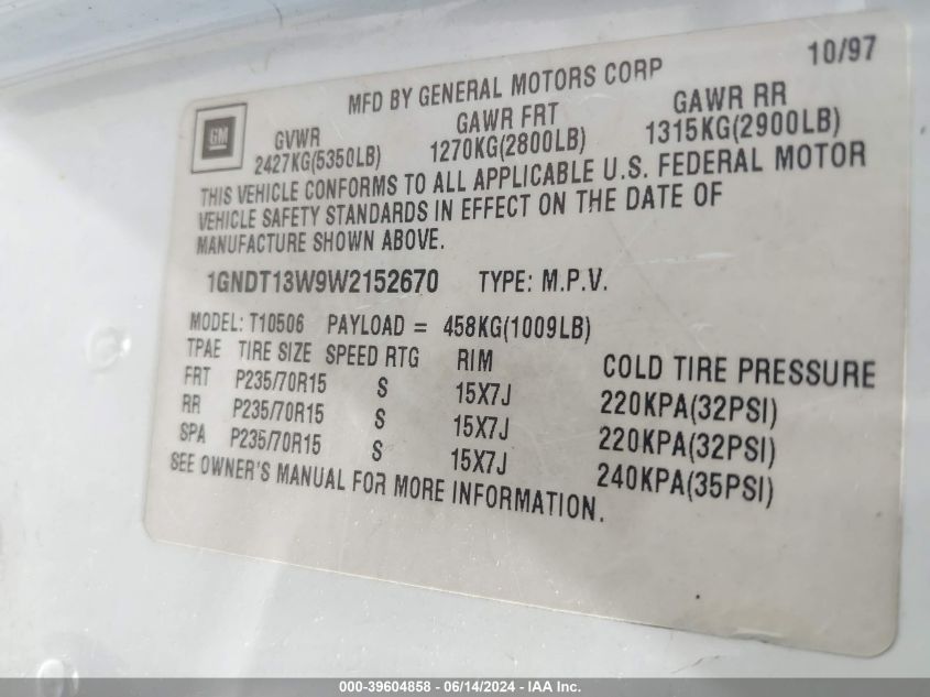 1998 Chevrolet Blazer Ls VIN: 1GNDT13W9W2152670 Lot: 39604858