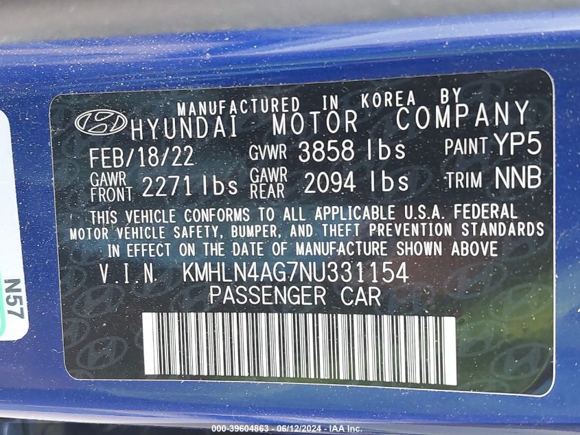 2022 Hyundai Elantra Sel VIN: KMHLN4AG7NU331154 Lot: 39604863