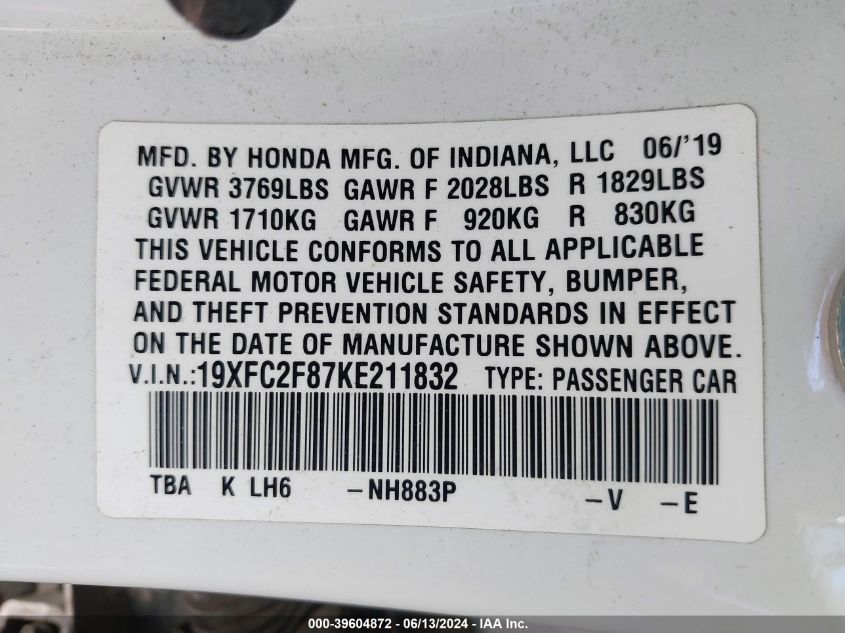 2019 Honda Civic Sport VIN: 19XFC2F87KE211832 Lot: 39604872