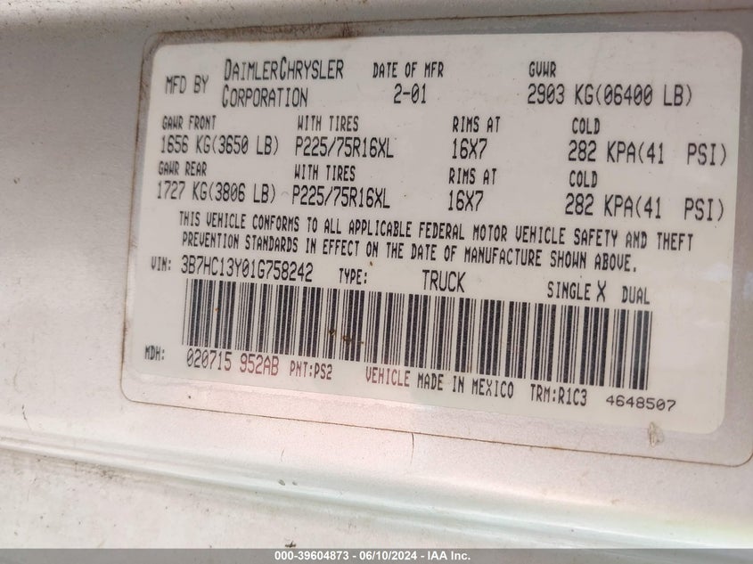 2001 Dodge Ram 1500 St VIN: 3B7HC13Y01G758242 Lot: 39604873