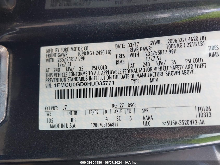 2017 Ford Escape Se VIN: 1FMCU0GD0HUD35771 Lot: 39604880