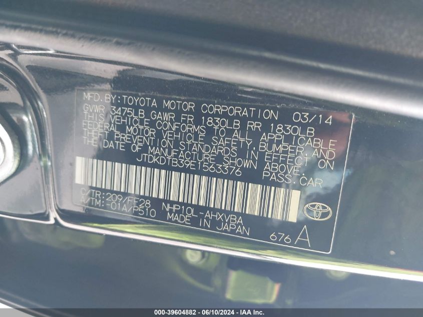 JTDKDTB39E1563376 2014 Toyota Prius C Two