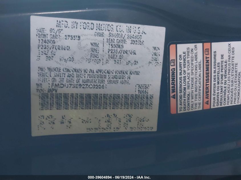 2002 Ford Explorer Xlt VIN: 1FMDU73E92ZC02061 Lot: 39604894