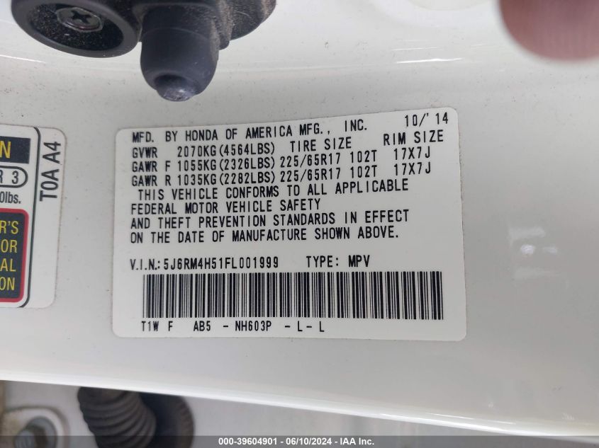 2015 Honda Cr-V Ex VIN: 5J6RM4H51FL001999 Lot: 39604901