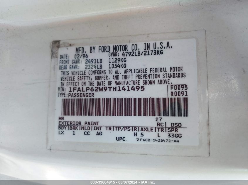1996 Ford Thunderbird Lx VIN: 1FALP62W9TH141495 Lot: 39604915