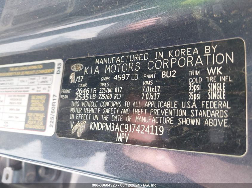 2018 Kia Sportage Lx VIN: KNDPM3AC9J7424119 Lot: 39604923