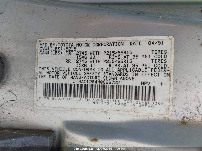 1991 Toyota Previa Le VIN: JT3AC12R4M0066722 Lot: 39604936