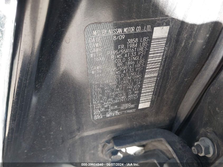 2009 Nissan Cube 1.8Sl VIN: JN8AZ28R79T127157 Lot: 39604940