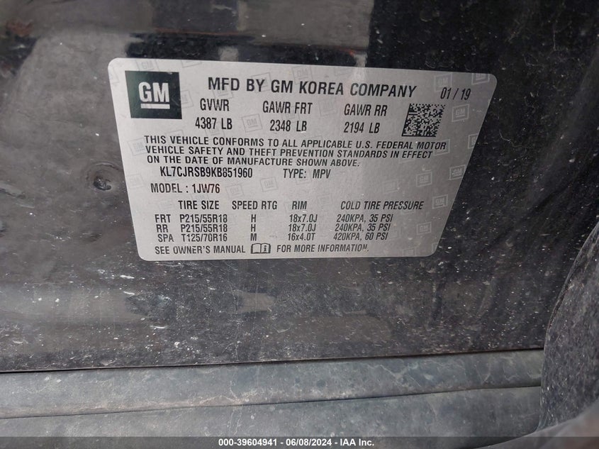 VIN KL7CJRSB9KB851960 2019 CHEVROLET TRAX PREMIER