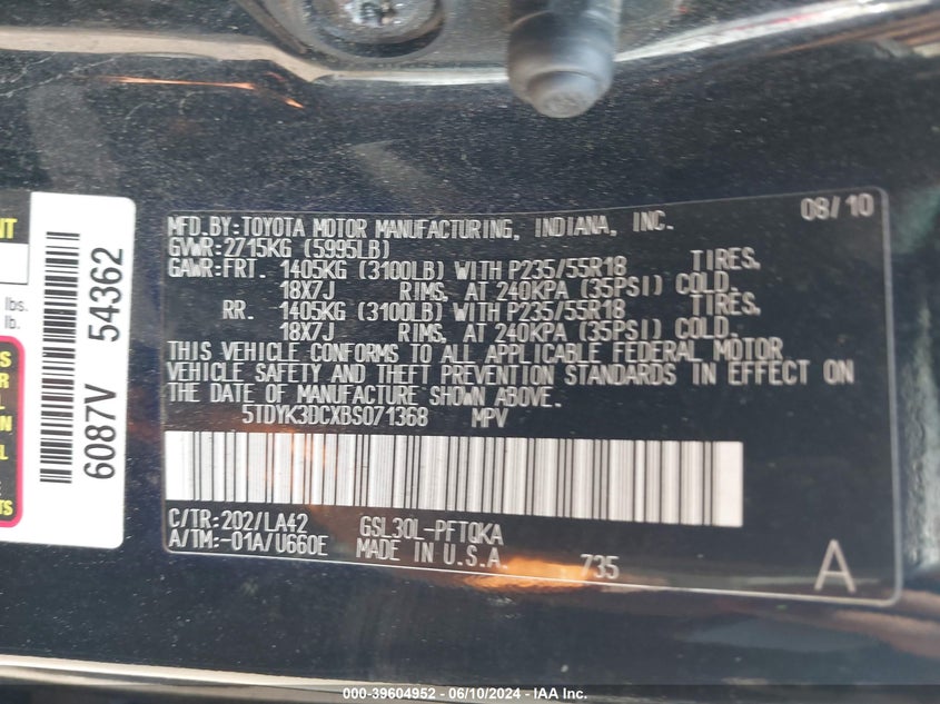 2011 Toyota Sienna Limited V6 VIN: 5TDYK3DCXBS071368 Lot: 39604952