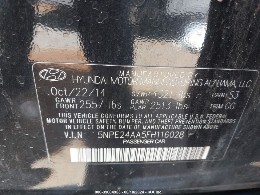 2015 Hyundai Sonata Eco VIN: 5NPE24AA5FH116028 Lot: 39604953