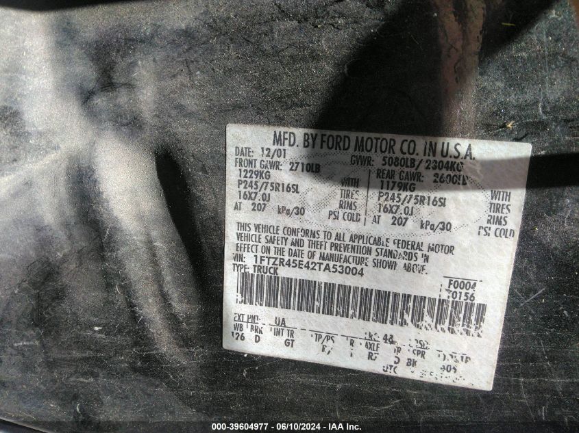 2002 Ford Ranger Edge/Xlt VIN: 1FTZR45E42TA53004 Lot: 39604977