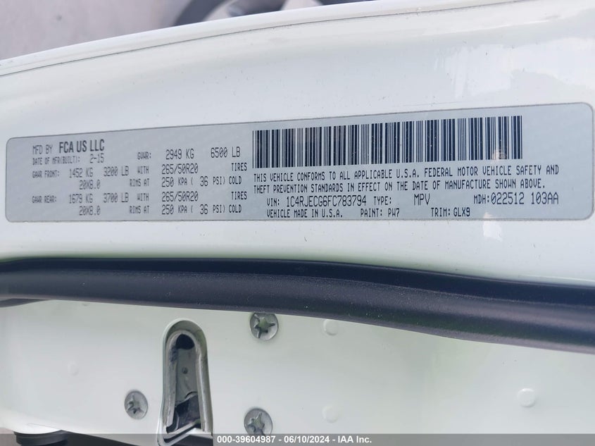 2015 Jeep Grand Cherokee Overland VIN: 1C4RJECG6FC783794 Lot: 39604987