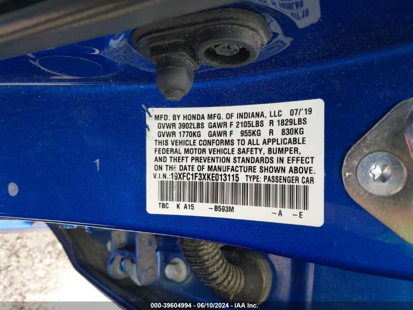 2019 Honda Civic Ex VIN: 19XFC1F3XKE013115 Lot: 39604994