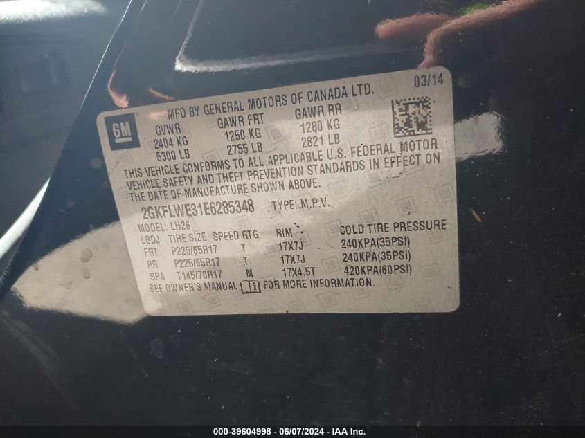 2014 GMC Terrain Sle-2 VIN: 2GKFLWE31E6285348 Lot: 39604998