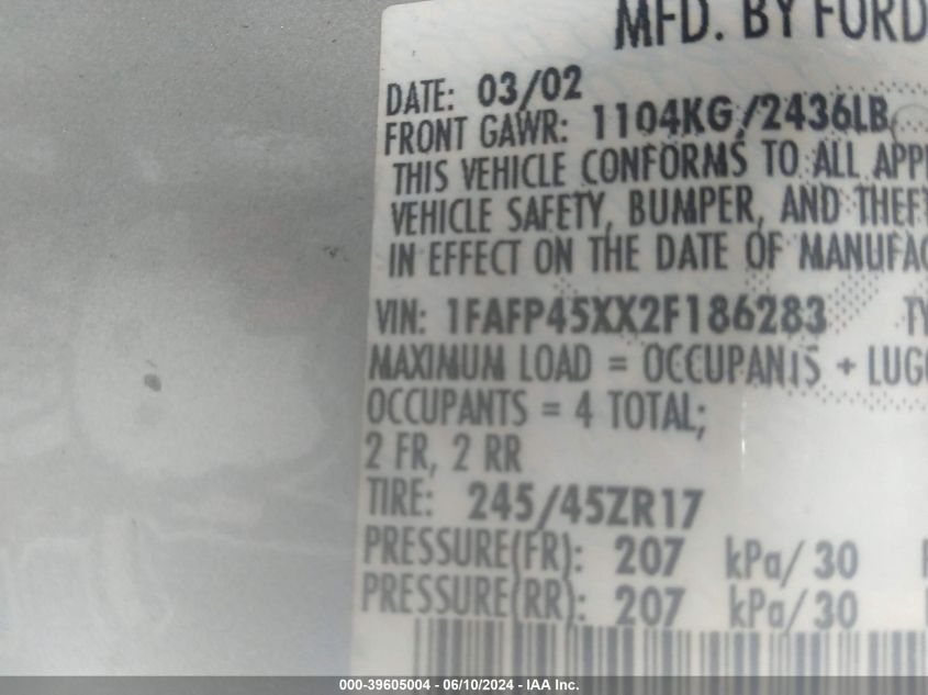 2002 Ford Mustang Gt VIN: 1FAFP45XX2F186283 Lot: 39605004