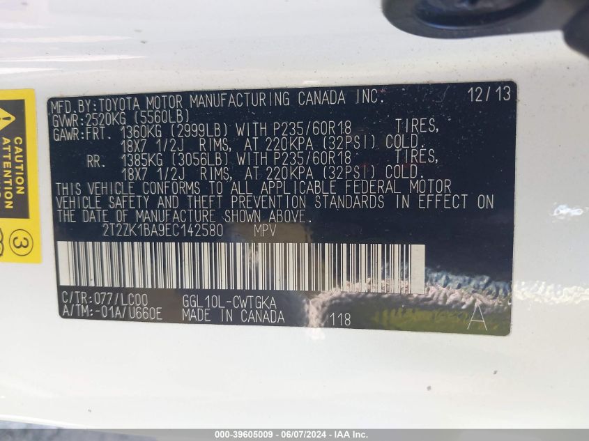 2014 Lexus Rx 350 VIN: 2T2ZK1BA9EC142580 Lot: 39605009