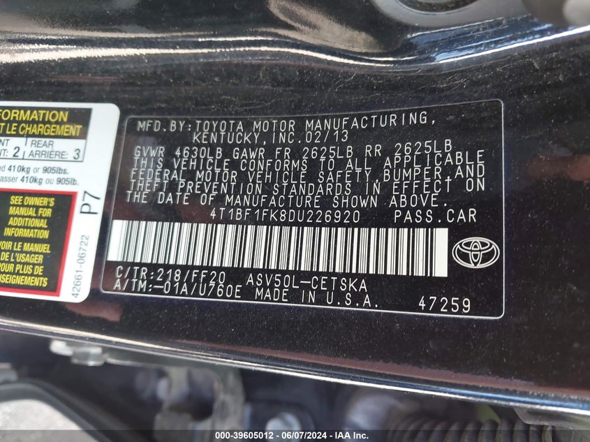 2013 Toyota Camry Se VIN: 4T1BF1FK8DU226920 Lot: 39605012