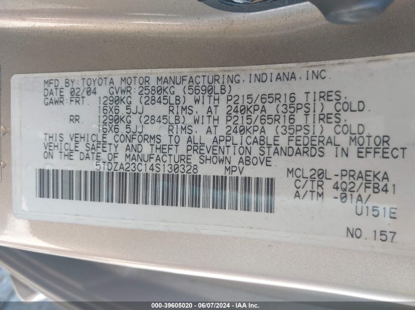 2004 Toyota Sienna Le VIN: 5TDZA23C14S130328 Lot: 39605020