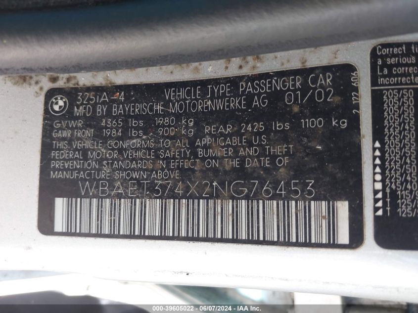 2002 BMW 325I VIN: WBAET374X2NG76453 Lot: 39605022