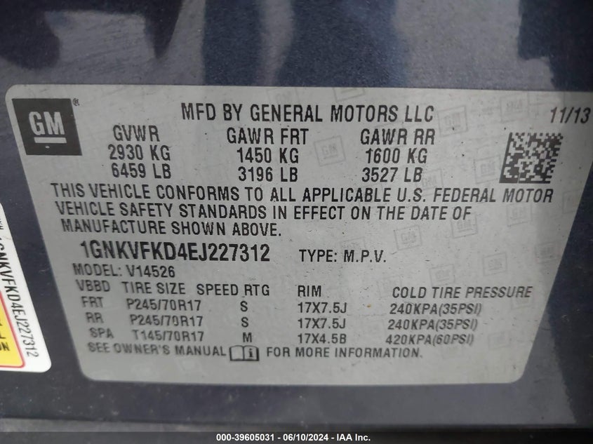 2014 Chevrolet Traverse Ls VIN: 1GNKVFKD4EJ227312 Lot: 39605031