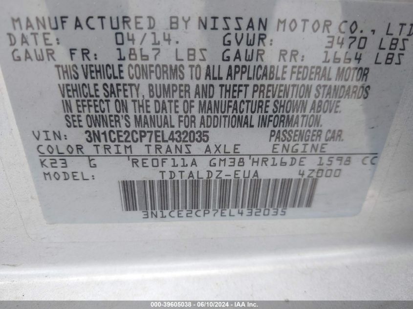 2014 Nissan Versa Note Sv VIN: 3N1CE2CP7EL432035 Lot: 39605038