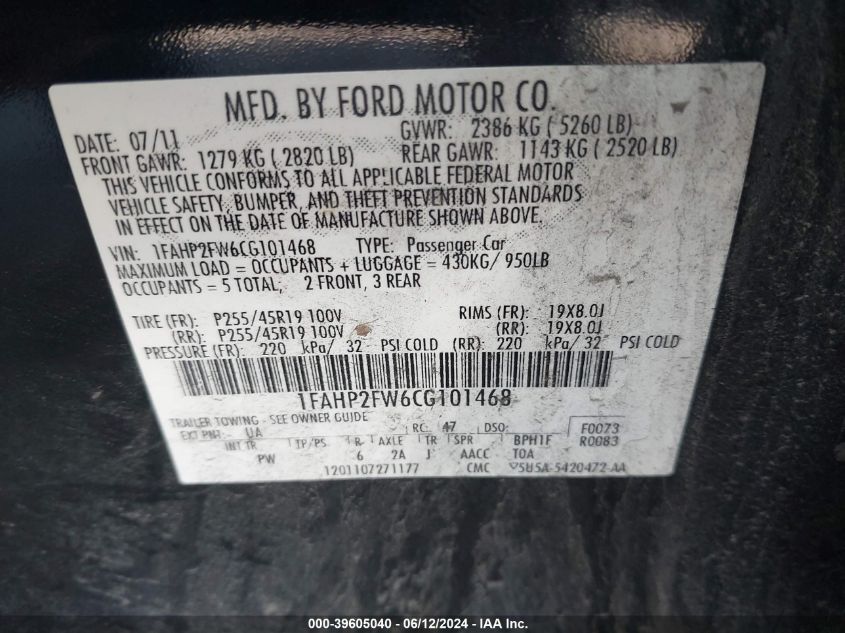 1FAHP2FW6CG101468 2012 Ford Taurus Limited