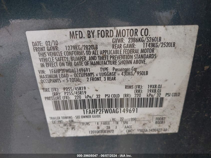 2010 Ford Taurus Limited VIN: 1FAHP2FW0AG149691 Lot: 39605047