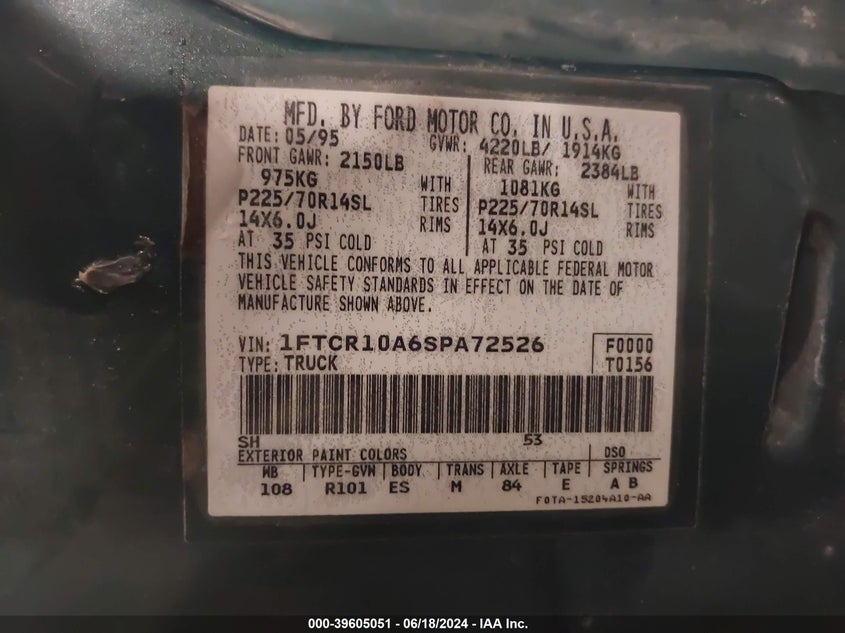 1995 Ford Ranger VIN: 1FTCR10A6SPA72526 Lot: 39605051