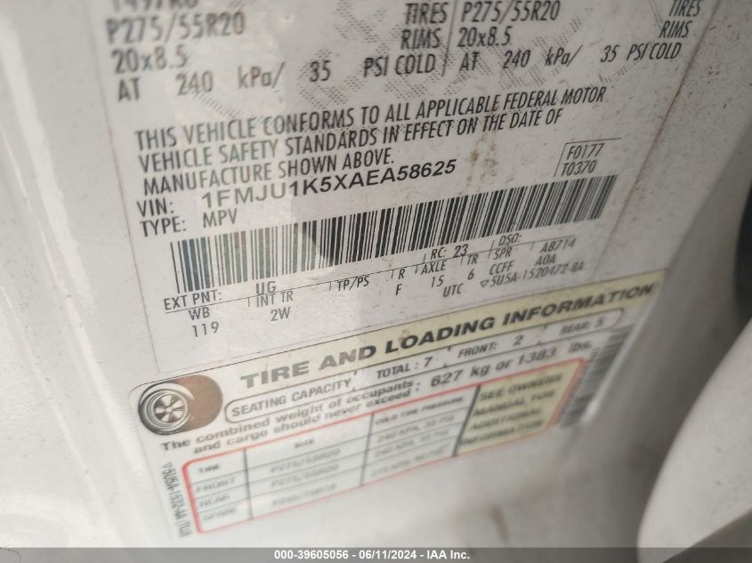 2010 Ford Expedition Limited VIN: 1FMJU1K5XAEA58625 Lot: 39605056